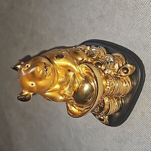 Golden Rat Of Prosperity Statue Holding Ingot With Wealth.